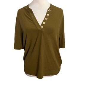 Varley Women’s Small Olive Brown Short Sleeve Ribbed Button Kasey Casual Top